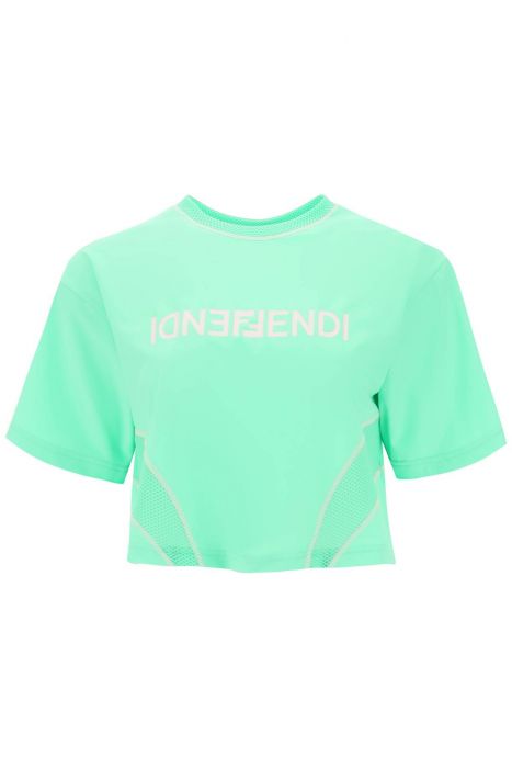 fendi t-shirt cropped in lycra con logo