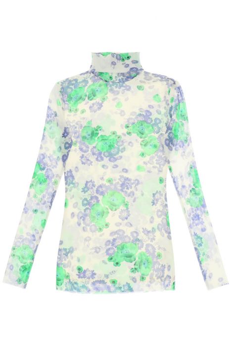 ganni long-sleeved top in mesh with floral pattern