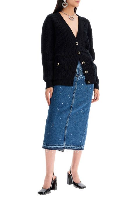 alessandra rich 'denim midi skirt with rhin