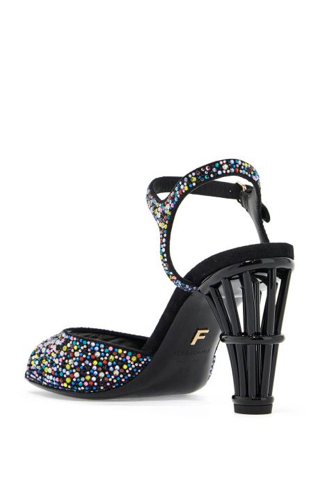 ferragamo sandali con tacco a gabbia e cristalli