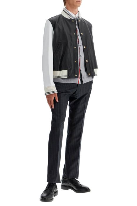 thom browne leather varsity bomber jacket