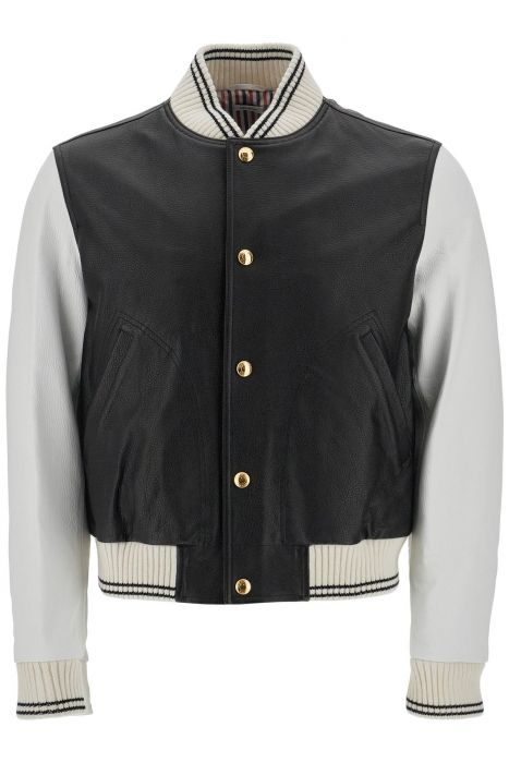 thom browne leather varsity bomber jacket