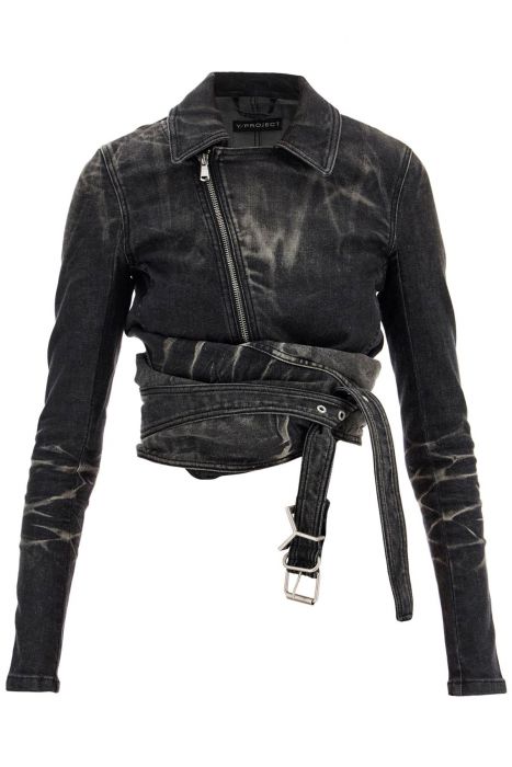y project denim jacket with criss-cross belt