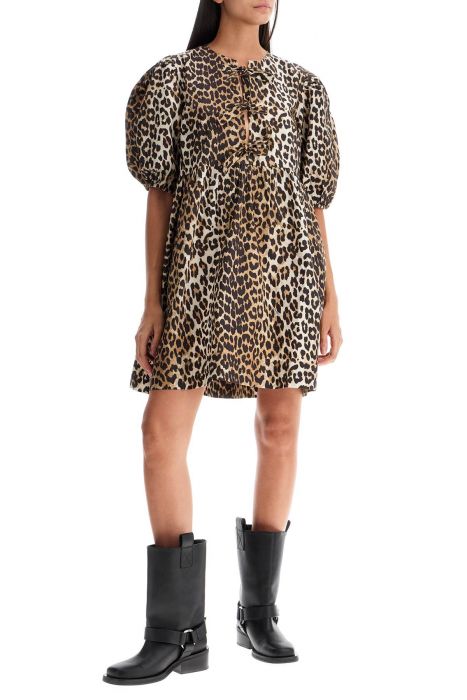 ganni printed tie string poplin mini dress