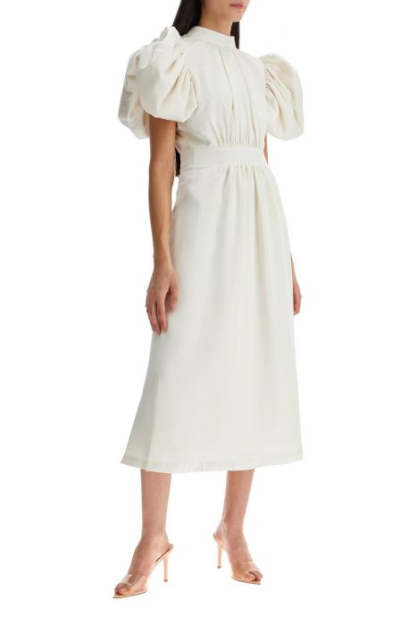 rotate midi satin dress with puff sleeves