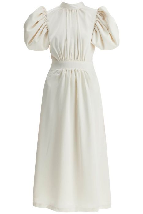 rotate midi satin dress with puff sleeves