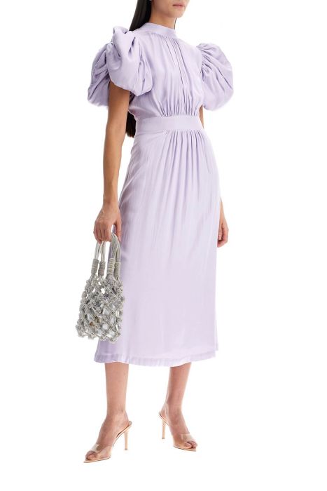 rotate midi satin dress with puff sleeves