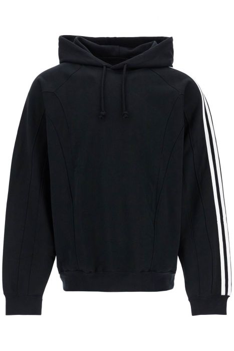 y-3 black cotton and recycled polyester hoodie with white raglan stripes