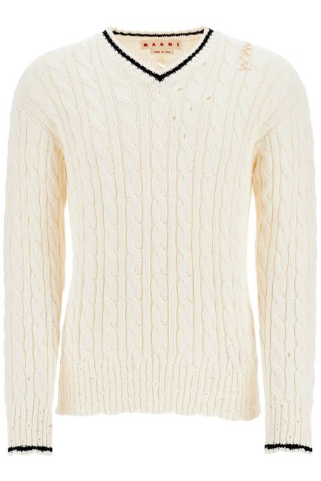 marni white cotton sweater with cable knit v-neck