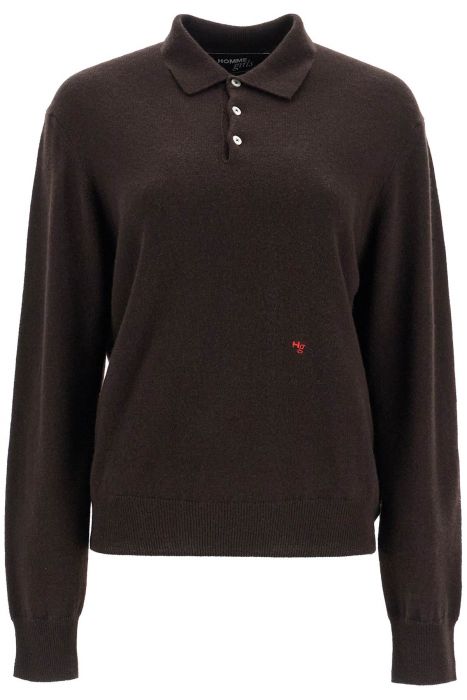 homme girls brown espresso wool polo with embroidered logo