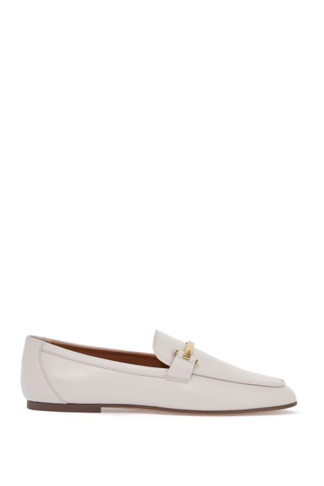 tod's white calfskin moccasin with gold bar and velcro closure