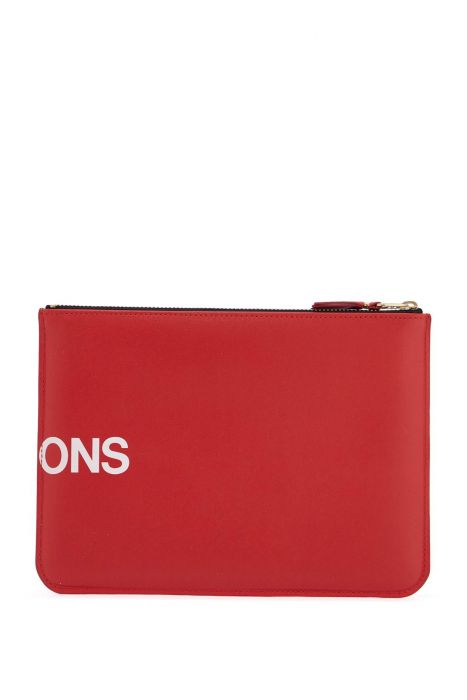 comme des garcons wallet red calfskin wallet with large logo and zip closure