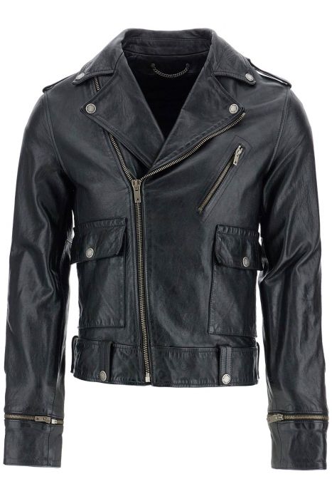 golden goose giacca chiodo biker in pelle nera cerata con zip