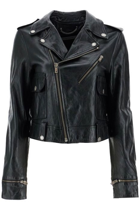 golden goose giacca biker in pelle ovina nera lucida con zip robusta