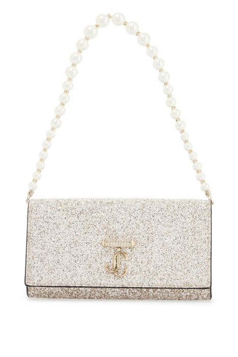 jimmy choo jimmy choo portafoglio a catena tessuto glitterato sabbia chiaro perle bianche piccolo