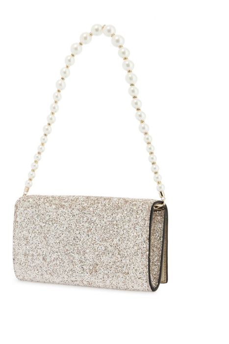 jimmy choo jimmy choo portafoglio a catena tessuto glitterato sabbia chiaro perle bianche piccolo