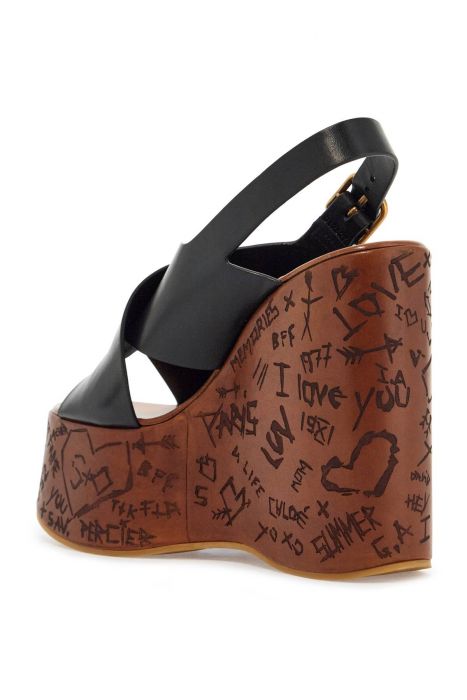 chloe' black cotton wedge shoes with golden buckle