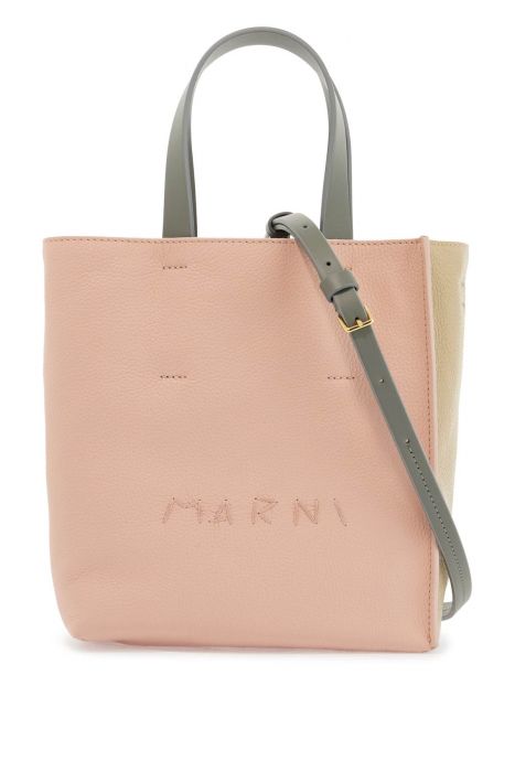 marni borsa shopping in pelle di vitello rosa e beige con manici grigi