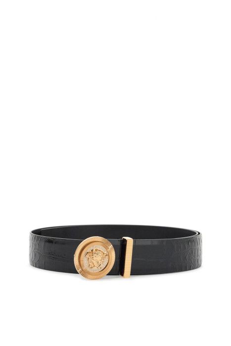 versace cintura in vitello nero embossed cocco con strass 40mm