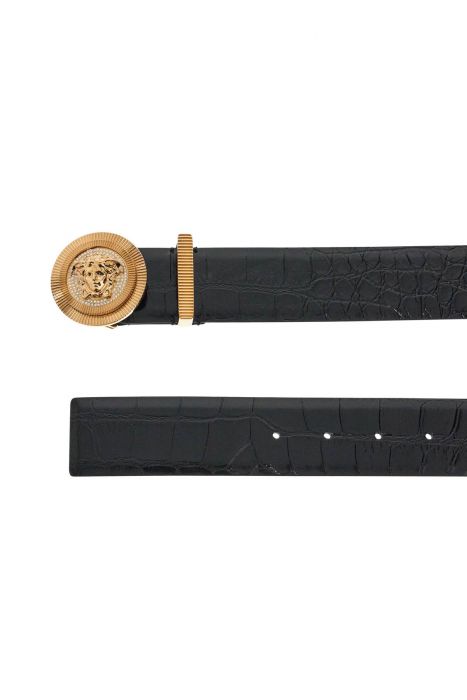 versace cintura in vitello nero embossed cocco con strass 40mm