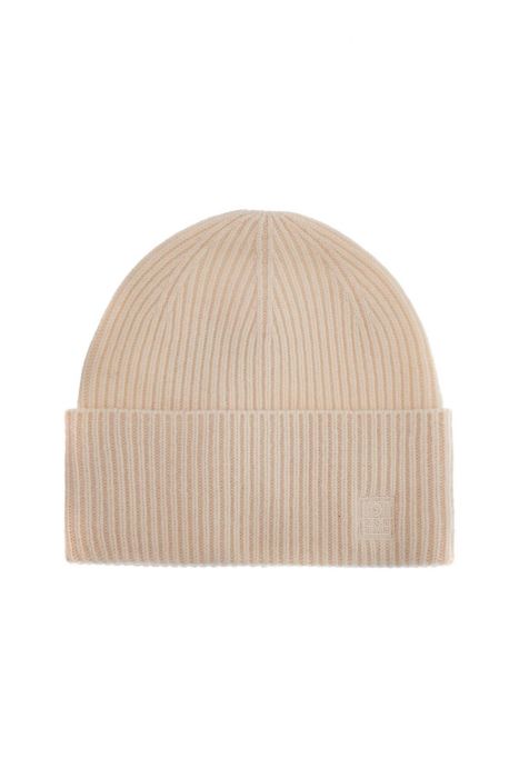 toteme beige ribbed wool beanie with embroidered logo