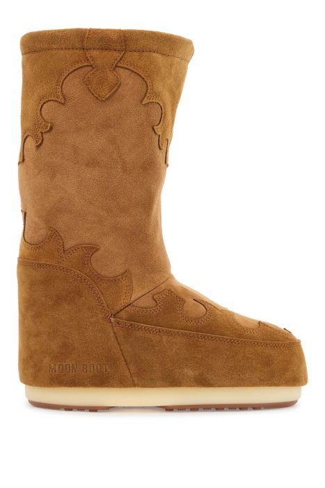 moon boot stivali alti in pelle scamosciata cognac ricamati con zeppa