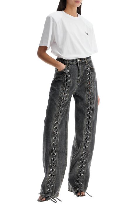 rotate black organic cotton wide leg pants with lace