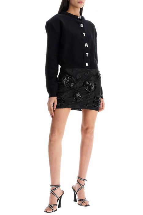rotate mini skirt in recycled black polyester mesh with floral pattern