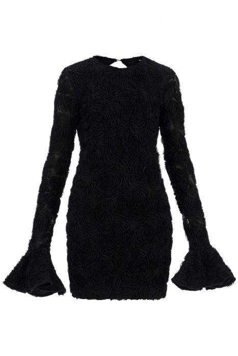 rotate black mini dress in recycled fabric with 3d floral texture