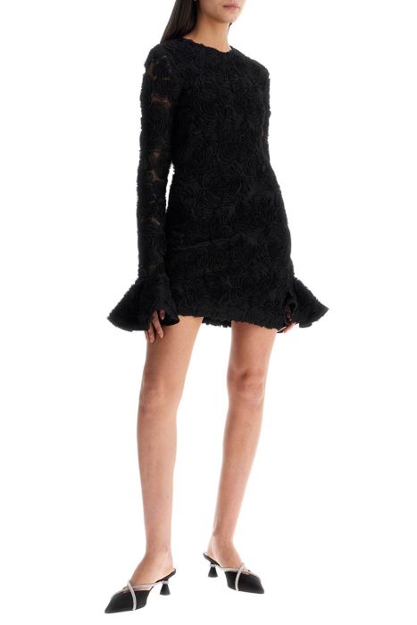 rotate black mini dress in recycled fabric with 3d floral texture