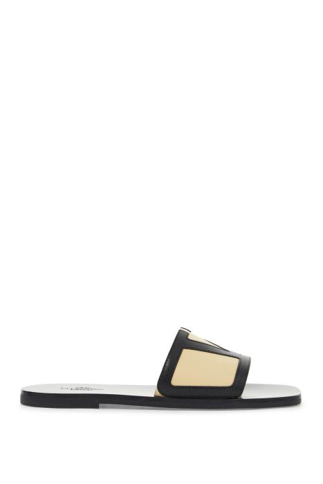valentino garavani men's black and beige goat leather slippers with central strap