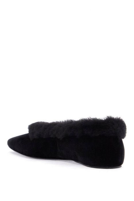 toteme black velvet ballerinas with shearling trim