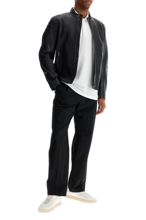 boss black leather jacket with high collar and quilted details