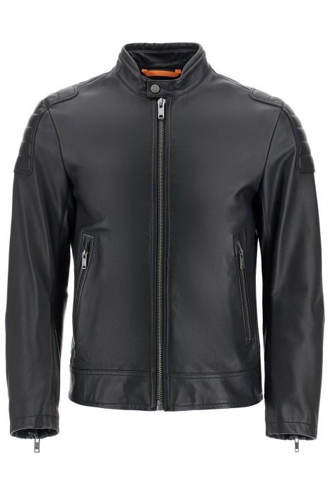 boss black leather jacket with high collar and quilted details
