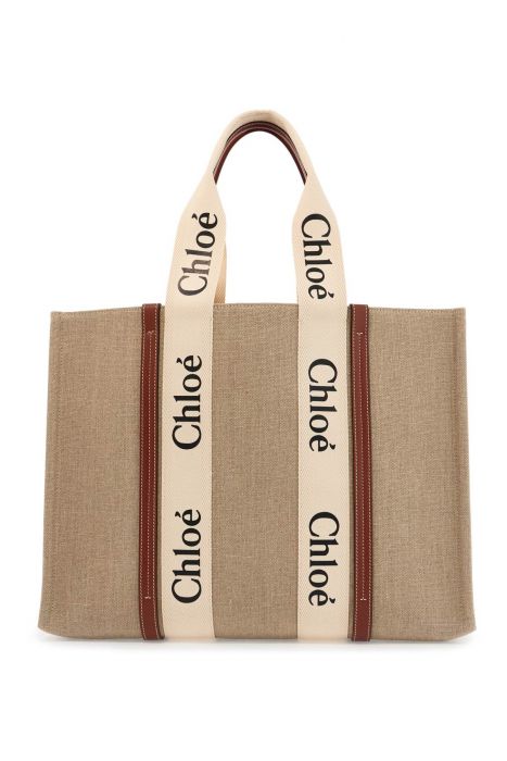 chloe' beige logoed linen and leather woody bag