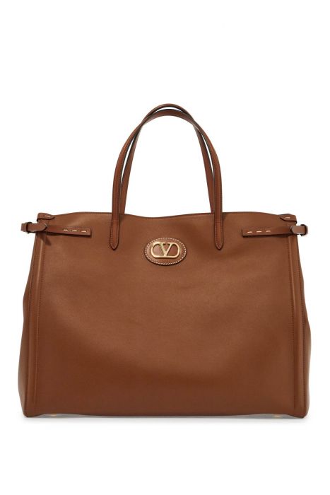 valentino garavani borsa tote grande in pelle marrone minimalista con fibbie decorative