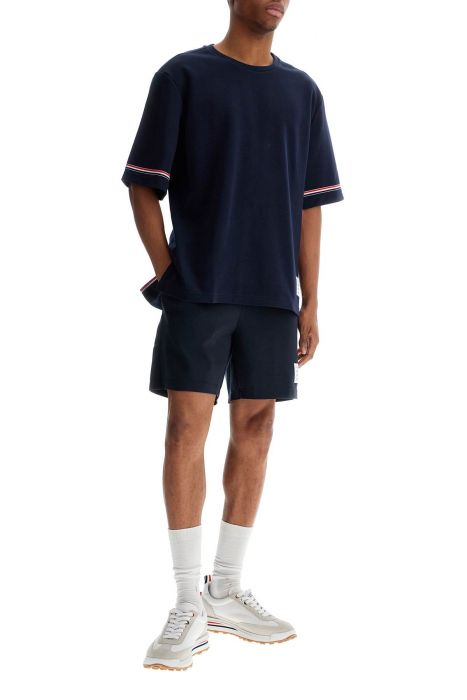 thom browne navy blue striped cotton t-shirt with wide neck