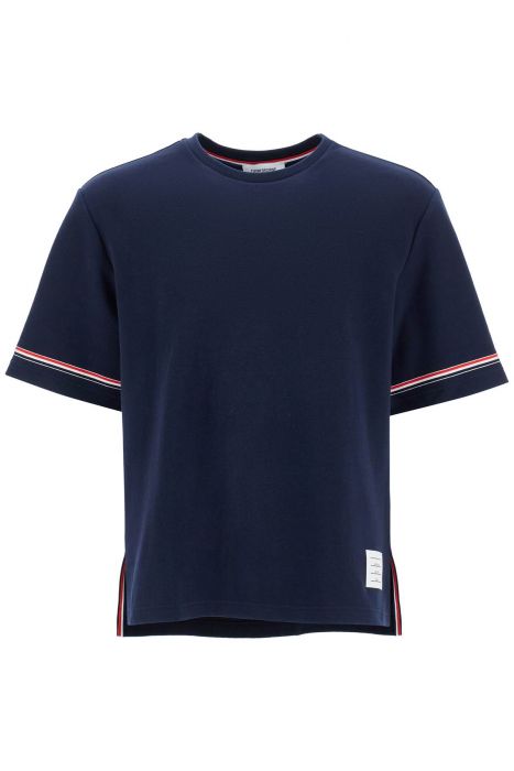 thom browne navy blue striped cotton t-shirt with wide neck