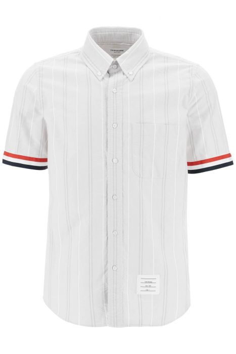 thom browne medium grey cotton oxford shirt with rwb cuffs