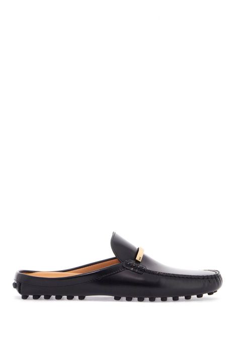 tod's black calfskin slip-on loafers with metallic strap and rubber sole