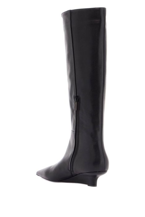 toteme black leather knee-high boots with low heel and pointed toe