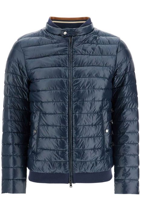 herno dark blue lightweight quilted nylon down jacket with high collar