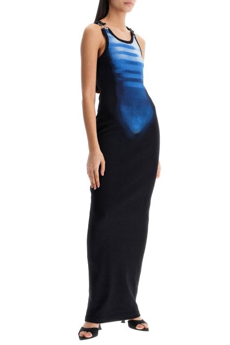 jean paul gaultier long fitted sleeveless dress in black and blue ribbed cotton
