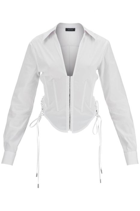 mugler camicia slim fit scollo a v bianco ottico in cotone organico