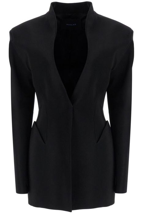 mugler short black v-neck jacket with contemporary design