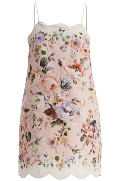 zimmermann mini floral linen dress in pink with scallop neckline and sleeveless