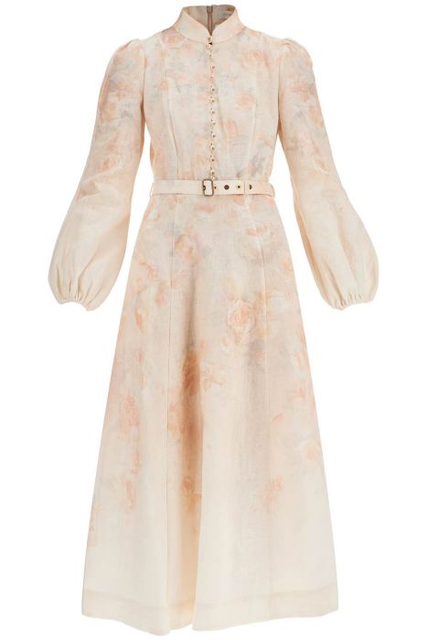 zimmermann red floral linen midi dress with ruffled sleeves
