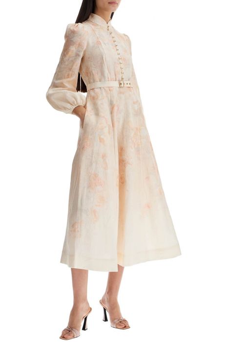 zimmermann red floral linen midi dress with ruffled sleeves