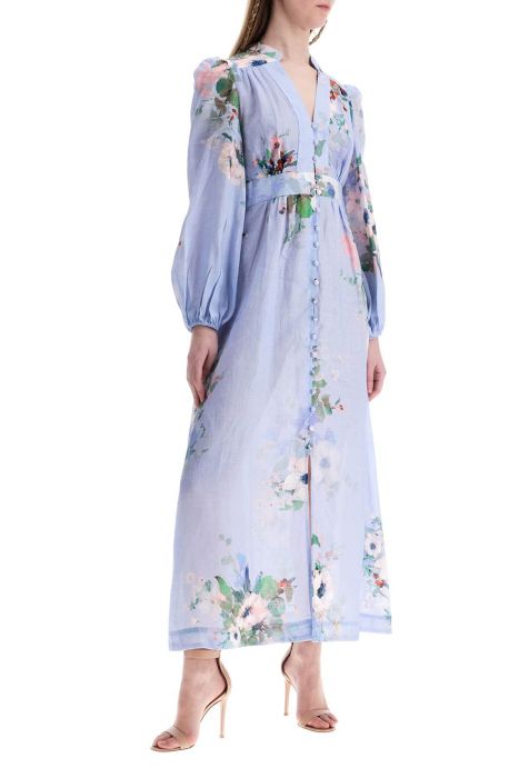 zimmermann light blue watercolor floral midi dress with deep v neckline