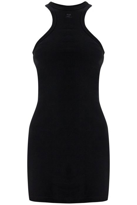 courreges black cotton mini dress with high neck and sleeveless design